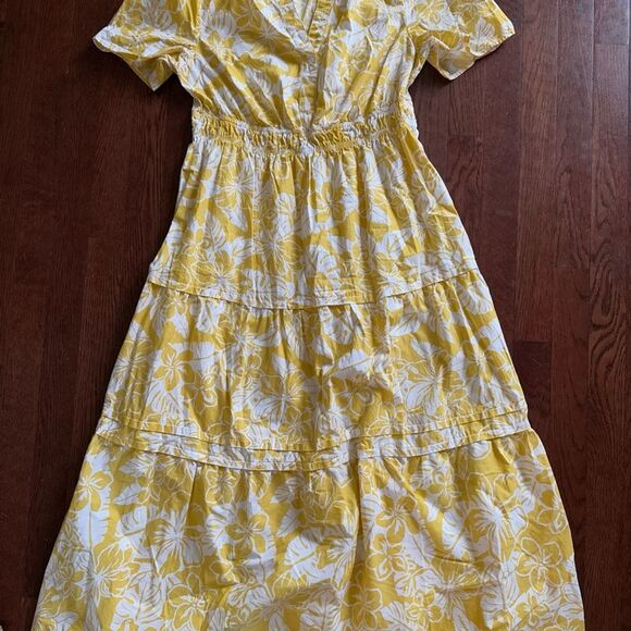 CASA CABANA Women’s Yellow Tropical Floral Tired Short Sleeve Maxi Dress Size M - Picture 2 of 3